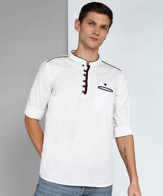 men's linen cotton white short kurta   1