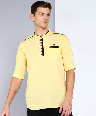 men's linen cotton cream yellow short kurta 1