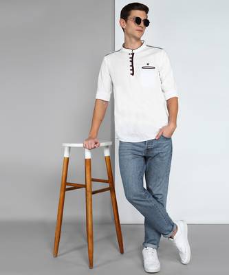 men's linen cotton white short kurta   4