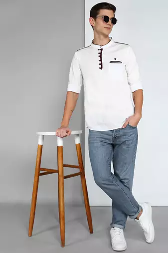 men's linen cotton white short kurta  