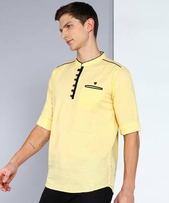 men's linen cotton cream yellow short kurta 3
