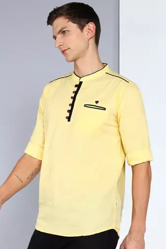 men's linen cotton cream yellow short kurta