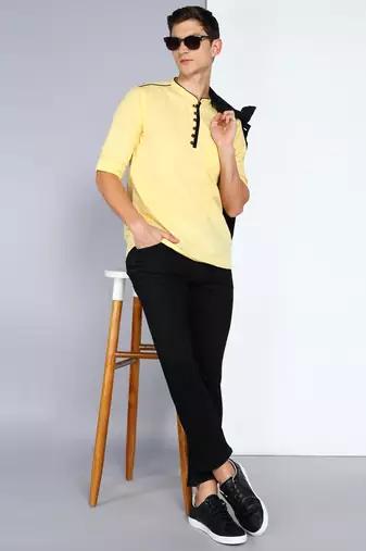 men's linen cotton cream yellow short kurta