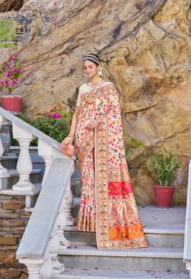 Cream Kashmiri Pashmina Style Blend Cotton Weaving Saree With Blouse 1