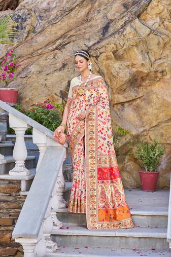 Cream Kashmiri Pashmina Style Blend Cotton Weaving Saree With Blouse