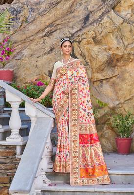 Cream Kashmiri Pashmina Style Blend Cotton Weaving Saree With Blouse 2