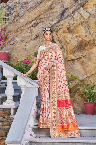 Cream Kashmiri Pashmina Style Blend Cotton Weaving Saree With Blouse