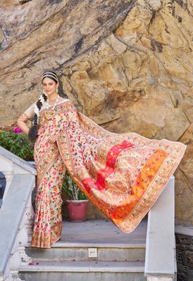 Cream Kashmiri Pashmina Style Blend Cotton Weaving Saree With Blouse 3