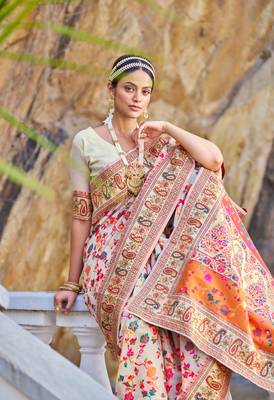 Cream Kashmiri Pashmina Style Blend Cotton Weaving Saree With Blouse 4