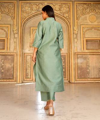 Green mukaish work chanderi kurta set 4