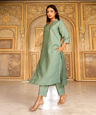 Green mukaish work chanderi kurta set 5