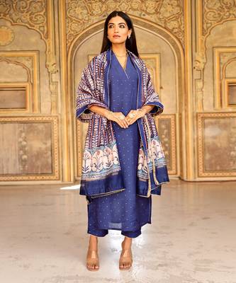 Blue mukaish work chanderi kurta set 1