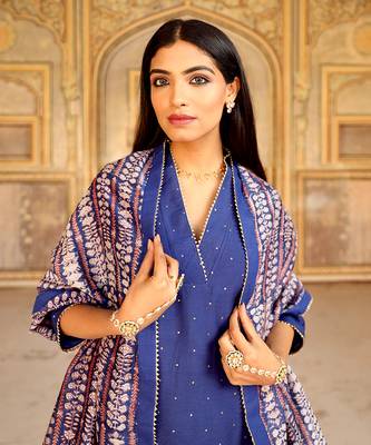Blue mukaish work chanderi kurta set 3