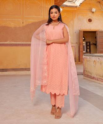 Peach shiffly chikankari cotton kurta set 1