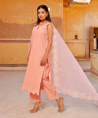 Peach shiffly chikankari cotton kurta set 2