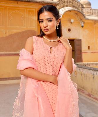 Peach shiffly chikankari cotton kurta set 3