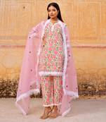 Pink flower handblock cotton kurta set