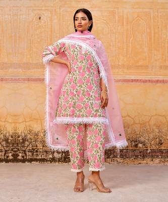 Pink flower handblock cotton kurta set 2