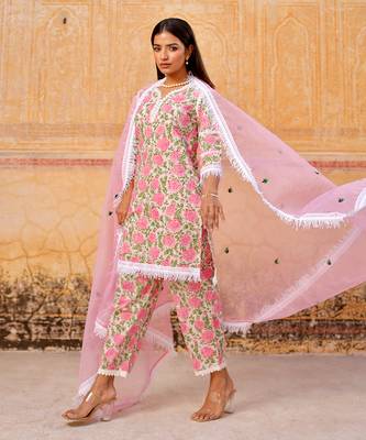 Pink flower handblock cotton kurta set 3