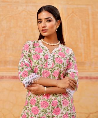Pink flower handblock cotton kurta set 4