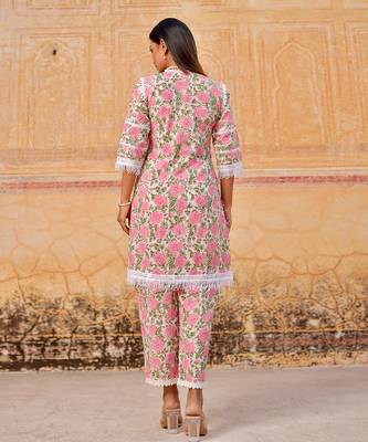Pink flower handblock cotton kurta set 5