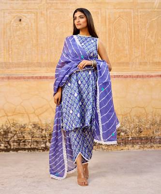 Blue handblock cotton three kurta set 1