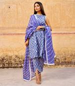 Blue handblock cotton three kurta set