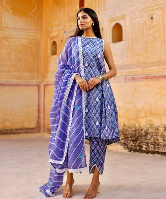 Blue handblock cotton three kurta set 2