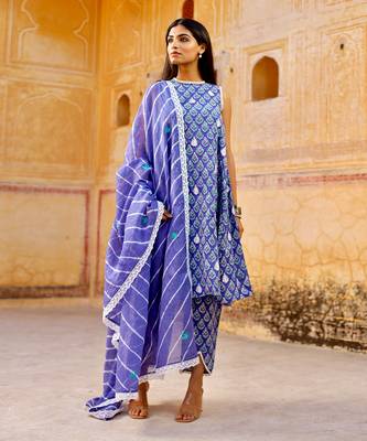 Blue handblock cotton three kurta set 3