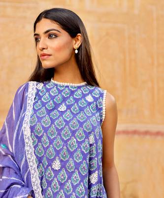 Blue handblock cotton three kurta set 4