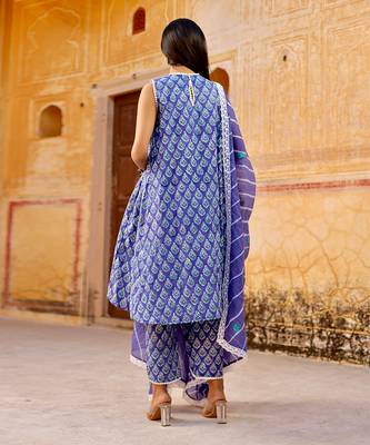 Blue handblock cotton three kurta set 5