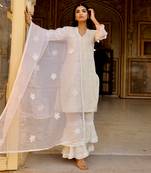 Off white schiffly kurta with frill pant and organza dupatta set