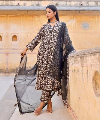 Black handblock cotton kurta set 1