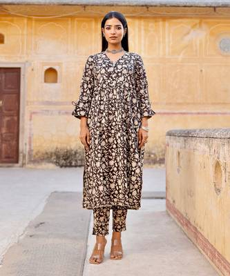 Black handblock cotton kurta set 3