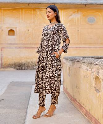 Black handblock cotton kurta set 4