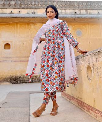White handblock cotton kurta set 1