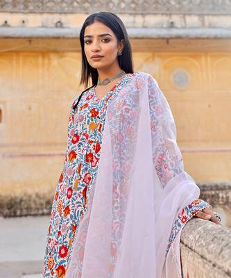 White handblock cotton kurta set 2