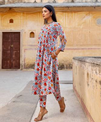 White handblock cotton kurta set 4