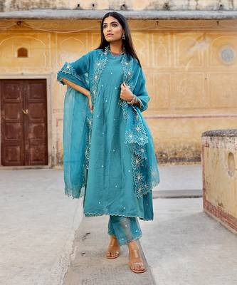 Blue Chanderi Mirror Work Embroidered A-Line Kurta Set with Net Dupatta 1
