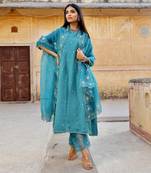 Blue Chanderi Mirror Work Embroidered A-Line Kurta Set with Net Dupatta
