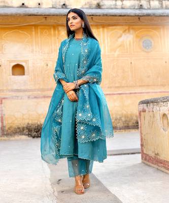 Blue Chanderi Mirror Work Embroidered A-Line Kurta Set with Net Dupatta 2