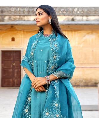 Blue Chanderi Mirror Work Embroidered A-Line Kurta Set with Net Dupatta 3