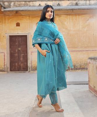 Blue Chanderi Mirror Work Embroidered A-Line Kurta Set with Net Dupatta 4