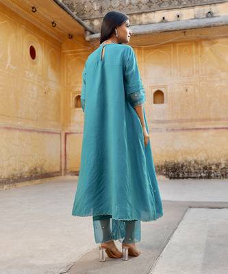 Blue Chanderi Mirror Work Embroidered A-Line Kurta Set with Net Dupatta 5