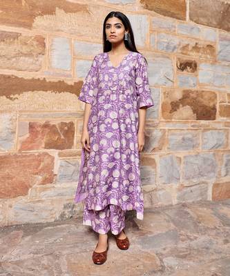 Purple flower print handblock chanderi kurta pant set 1