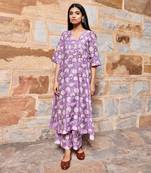 Purple flower print handblock chanderi kurta pant set