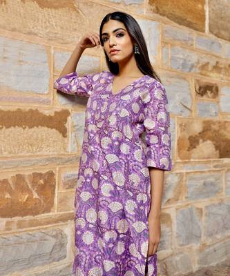 Purple flower print handblock chanderi kurta pant set 2