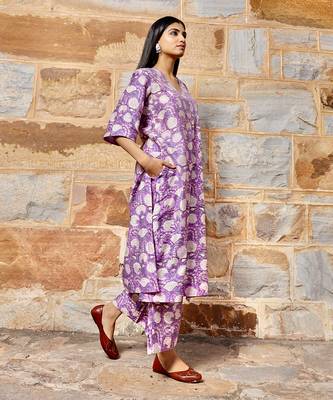 Purple flower print handblock chanderi kurta pant set 3