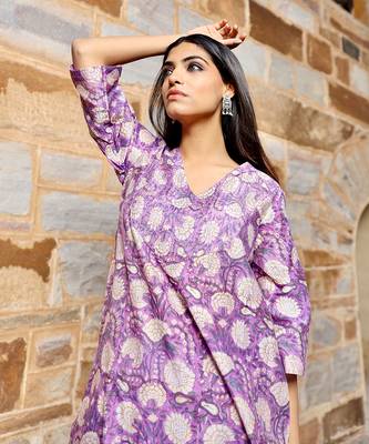 Purple flower print handblock chanderi kurta pant set 4