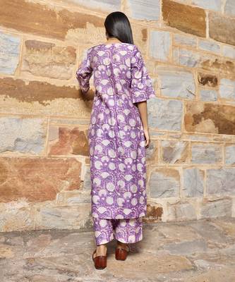 Purple flower print handblock chanderi kurta pant set 5